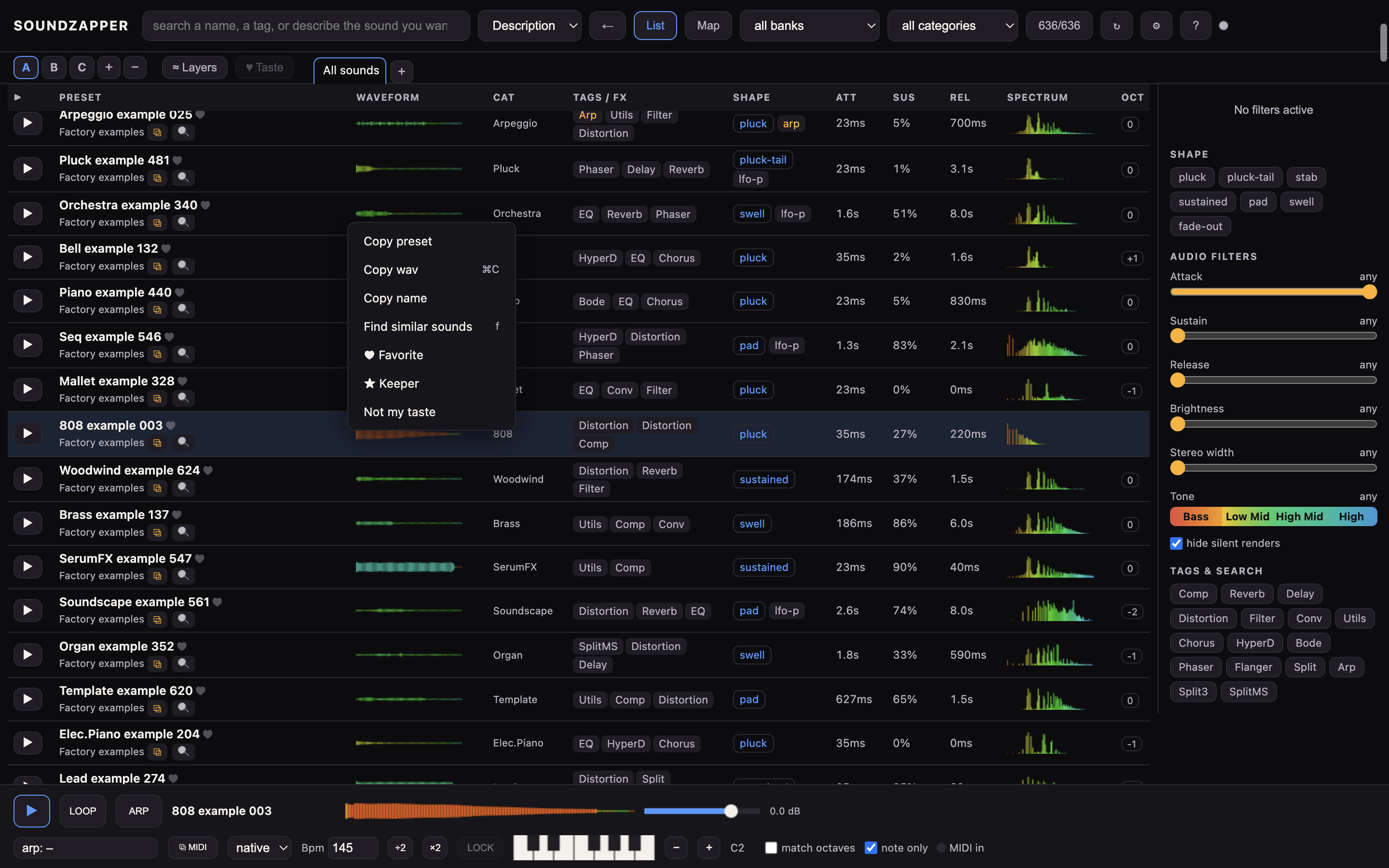Right-click a preset to copy it, find similar sounds, or mark a favourite or keeper.