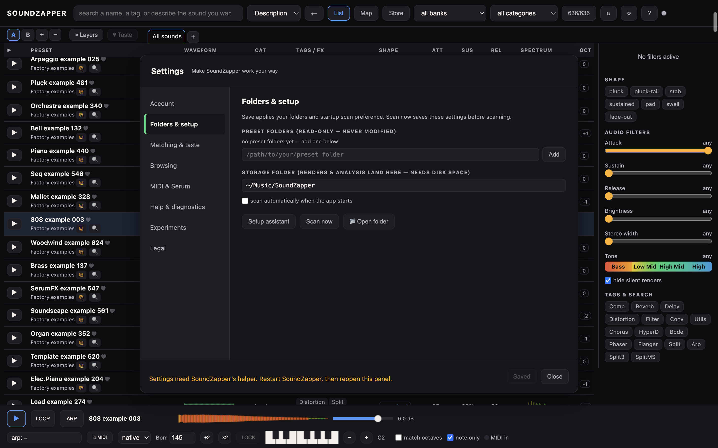 If setup cannot reach the helper, restart SoundZapper and reopen Settings before trying again.